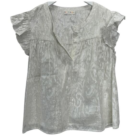 Roller Rabbit Womens Lurex Fil Coupe Etta Top Size L White Silver Metallic - Picture 1 of 6